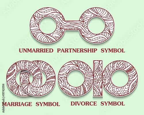 Set of symbols of Partnership. Unmarried, Divorce and Marriage Sign with a pattern in tribal Indian style.