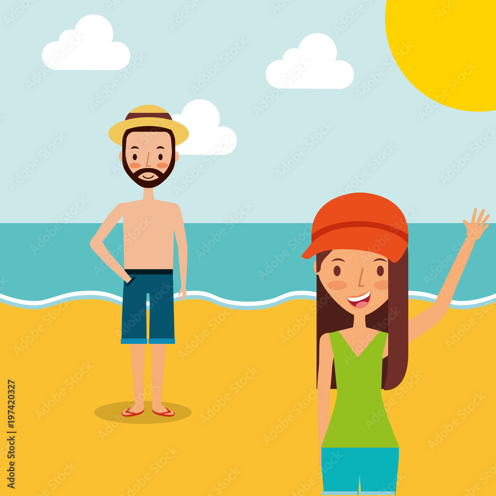 couple tourists traveling vacation on the beach vector illustration