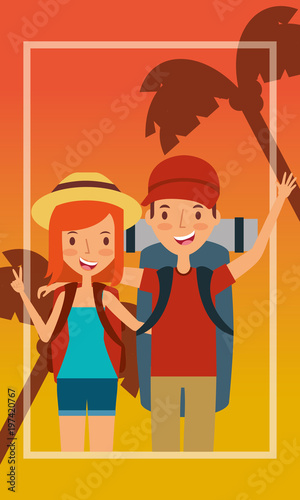people traveling vacation with backpack vector illustration