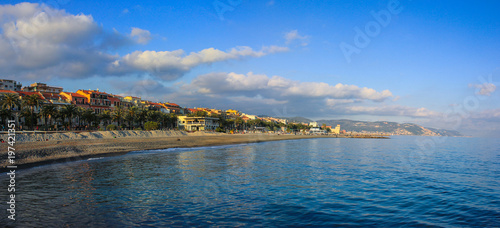 The beach and the promenade of Loano resort in Liguria, Italy