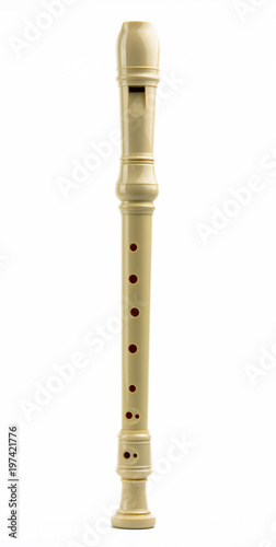 Soprano (Descant) recorder. Plastic recorder flute isolated on white background with copy space for text. Classical Baroque music instruments. Education on music class.