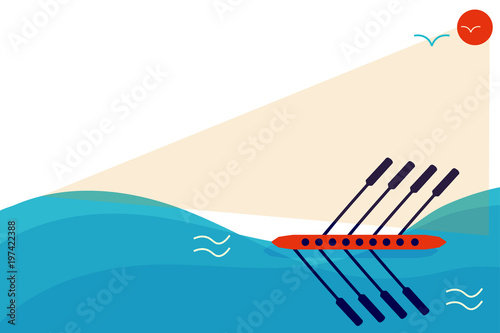 Vector illustration with copyspace or place for text: crew rowing regatta or boat kayak racing. Great as poster template for crew boat race event or kayaking course promo.