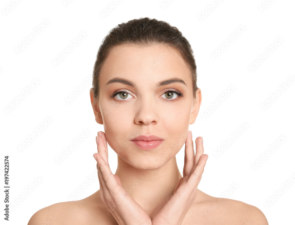Young woman with beautiful makeup on white background. Professional cosmetic products Young woman with beautiful makeup on white background. Professional cosmetic products