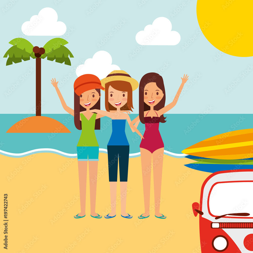 summer vacations group friends girls in the beach vector illustration