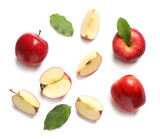 Ripe red apples on white background, flat lay