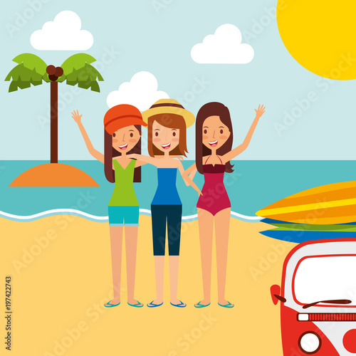 summer vacations group friends girls in the beach vector illustration