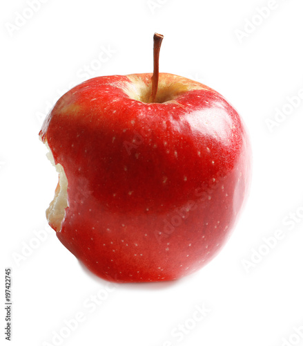 Ripe red apple with bite mark on white background