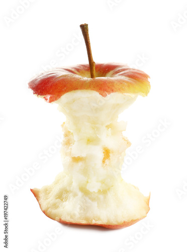 Half-eaten red apple on white background