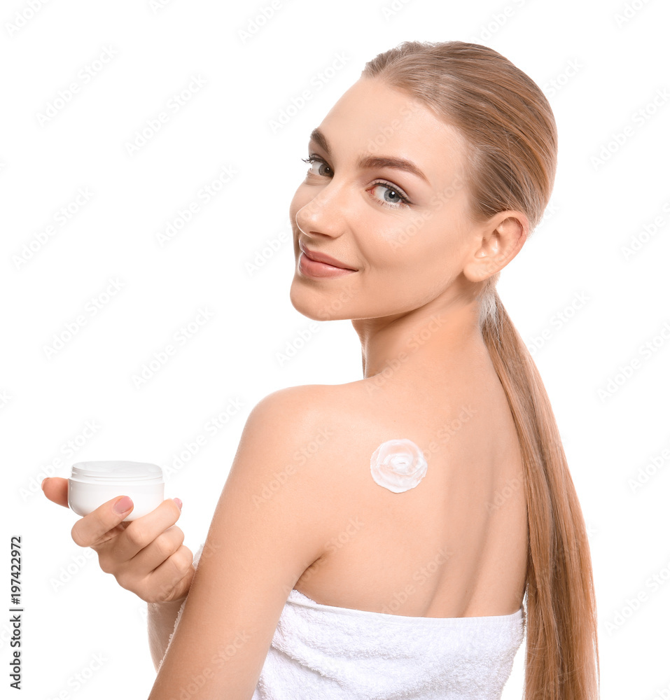 Young woman with jar of body cream on white background Young woman with jar of body cream on white background