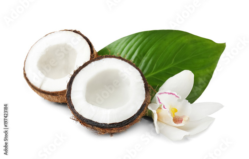 Coconuts with fresh water on white background