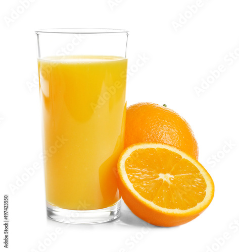 Glass of orange juice and fresh fruits isolated on white