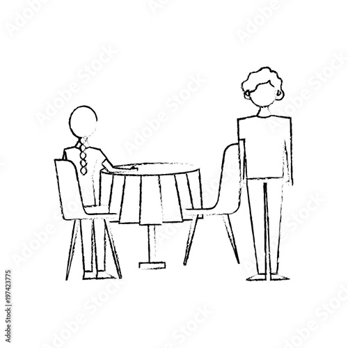 woman sitting back and man standing with table and chairs vector illustration sketch design