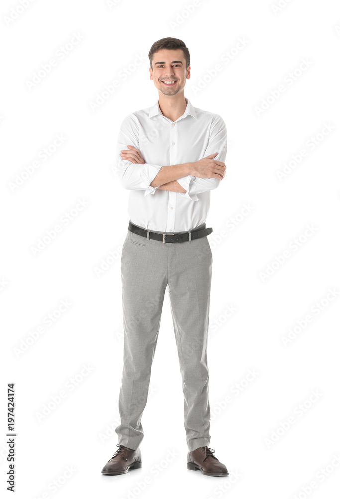 Successful business trainer with crossed arms on white background