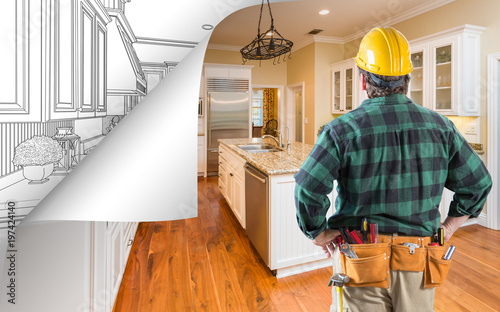 Contractor Facing Kitchen Photo with Page Corner Flipping to Drawing Behind