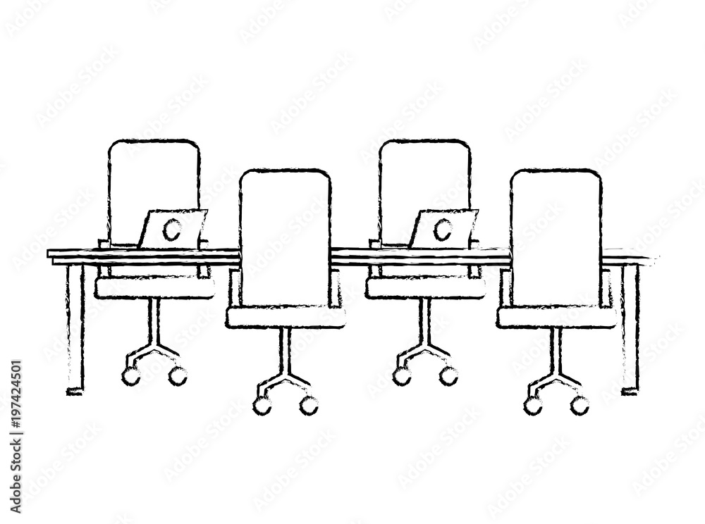 workspace meeting table chairs and laptop computers vector illustration sketch design workspace meeting table chairs and laptop computers vector illustration sketch design