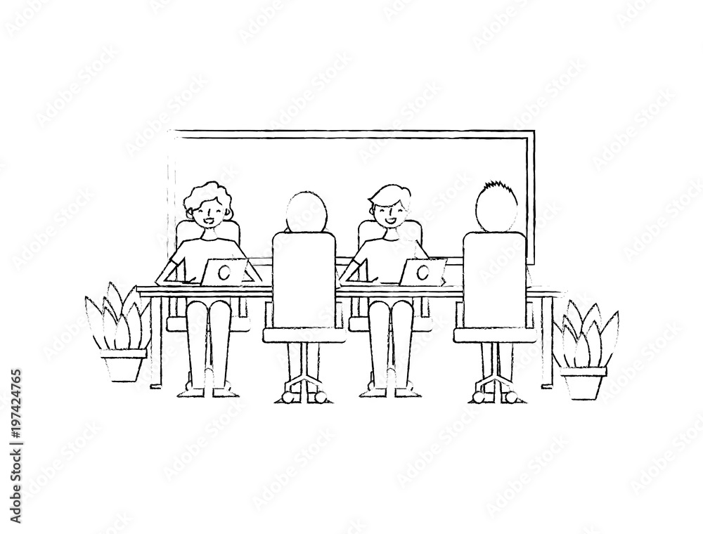 Obraz premium office team of employees working on their laptops at the table potted plants and board vector illustration sketch design
