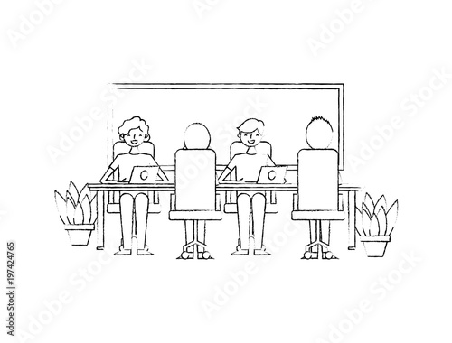 office team of employees working on their laptops at the table potted plants and board vector illustration sketch design