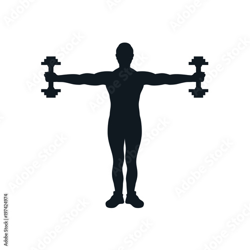Silhouette of a man lifting dumbbell with powerful muscle at gym workout