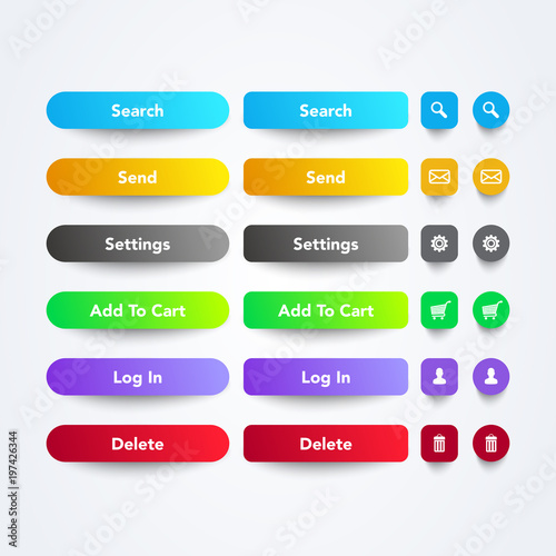 Vector illustration set of clean colorful web app buttons with symbols, text and cool gradient color in different sizes