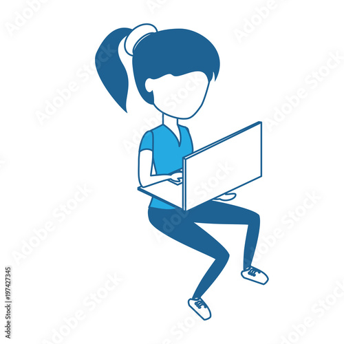 avatar woman sitting and using a laptop computer over white background, blue shading design. vector illustration