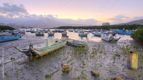 Boat, wetland at Bali of New Taipei City, Taiwan ~ Morning landscape with stranded boats on Tamsui river during a low tide, Taipei Taiwan Beautiful sunrise in Tamsui river, Taipei Taiwan