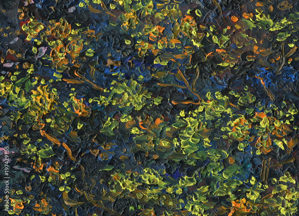 Motley colorful abstract oil painting texture. Foliage of Fantasy tree at the night. Made with palette knife. Motley colorful abstract oil painting texture. Foliage of Fantasy tree at the night. Made with palette knife.