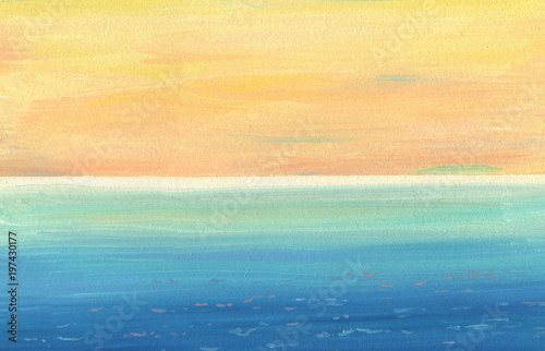 Smooth oil painting texture and colors of calm sea and sky with distant horizon. View from a high coast. Palette in deep blue and orange tones. Long brushstrokes.