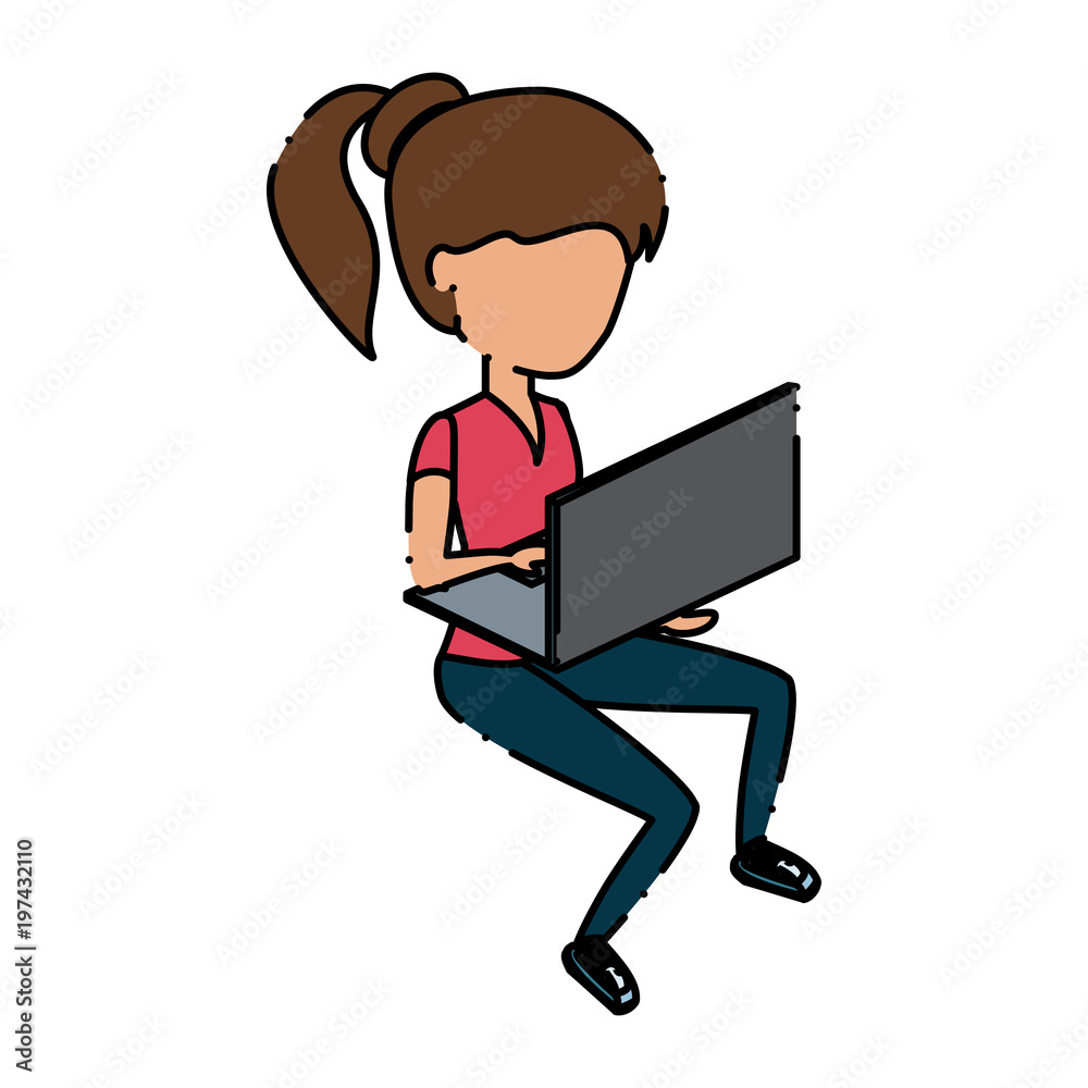 avatar woman sitting and using a laptop computer over white background, colorful design. vector illustration avatar woman sitting and using a laptop computer over white background, colorful design. vector illustration