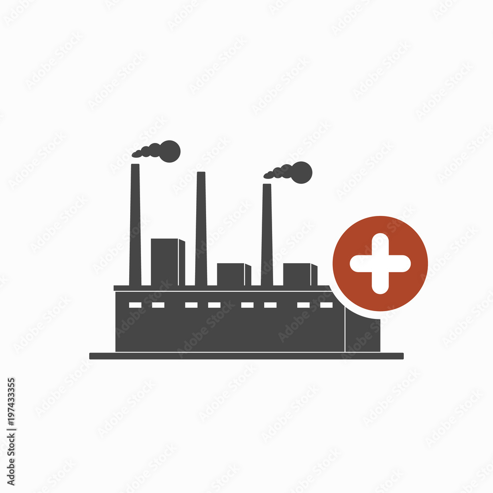 Factory icon with add sign. Factory icon and new, plus, positive symbol