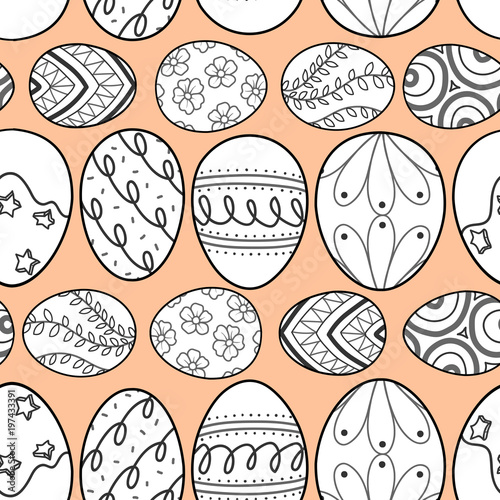 Easter eggs in black outline and white plane line up on pastel pink  background. Cute hand drawn seamless pattern design for Easter festival in vector illustration.