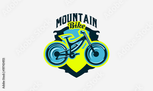 Colorful logo, emblem, mountain bike icon. Bicycle, transport, downhill, freeride, extreme, sports. T-shirt printing, vector illustration.
