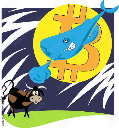  whale against the background of the bitcoin-moon attacks the bull crypto currency illustration