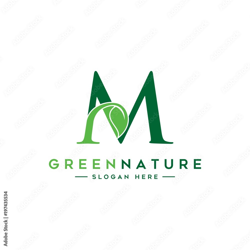 letter M logo concept, nature green leaf symbol, initials icon design ...