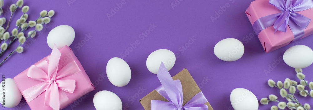 Banner Easter set gift box with branches catkins White egg.