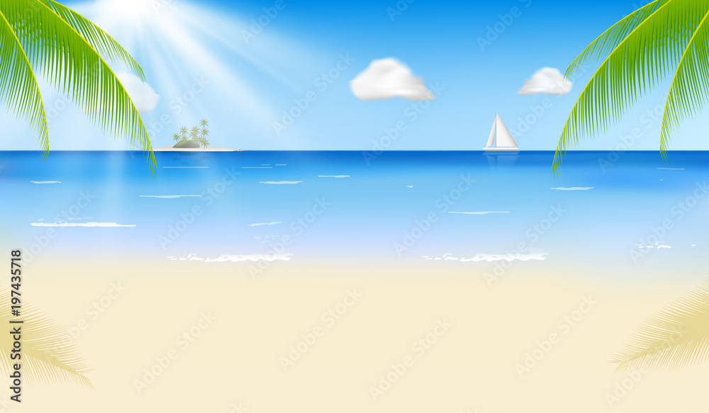Summer beach with a sun, palm trees and cloudless sky. Vector illustration. Template for your design. EPS10.