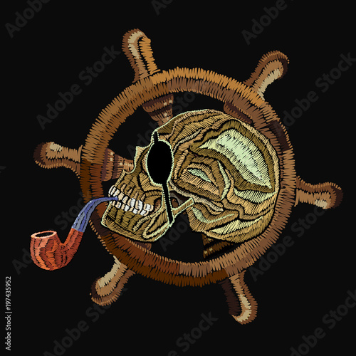 Embroidery skull pirate and steering wheel. Classical embroidery. Old pirate, sea adventures fashion background. Template for clothes, textiles, t-shirt design