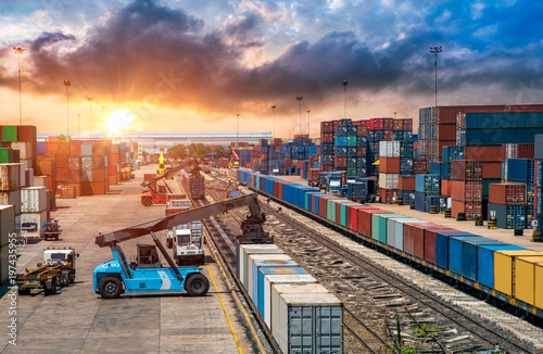 Business Logistics and transportation concept, of Container Cargo train and truck for Logistic import export and transport industry background