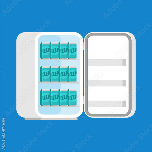 Beer in fridge. Lot of alcohol. Vector illustration