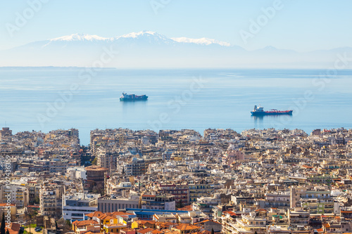  View of Thessaloniki city, the sea, ships and the olympous mountain