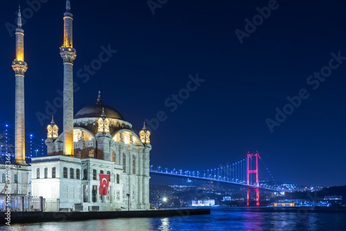Exterior view of Ortakoy Mosque with15 July Martyrs Bridge