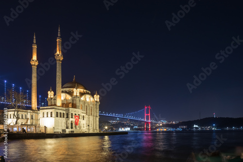 Exterior view of Ortakoy Mosque with15 July Martyrs Bridge