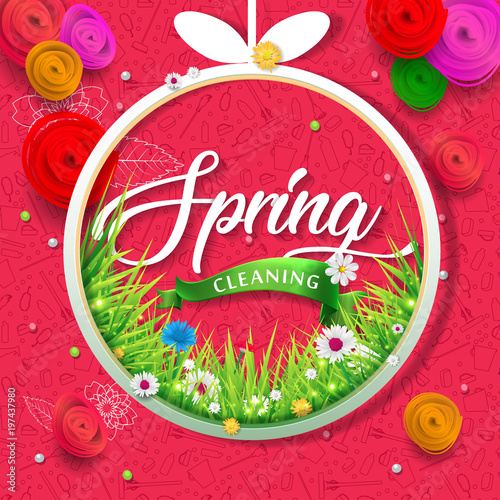 Spring cleaning with set of cleaning supplies and tools pattern. Spring cleaning background. Grand ménage de printemps.