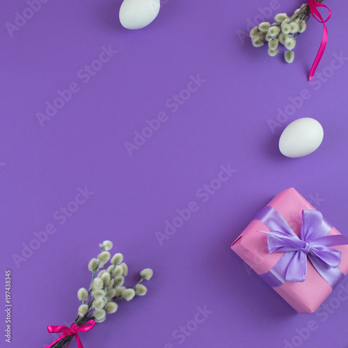 Easter set gift box with branches catkins White egg.