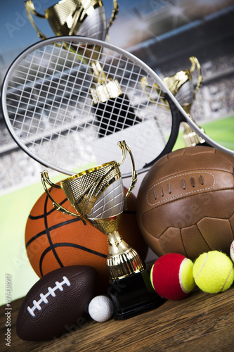 Winner trophy, Sport equipment and balls