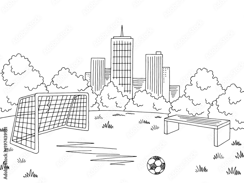 Obraz premium Street sport football soccer graphic black white city landscape sketch illustration vector