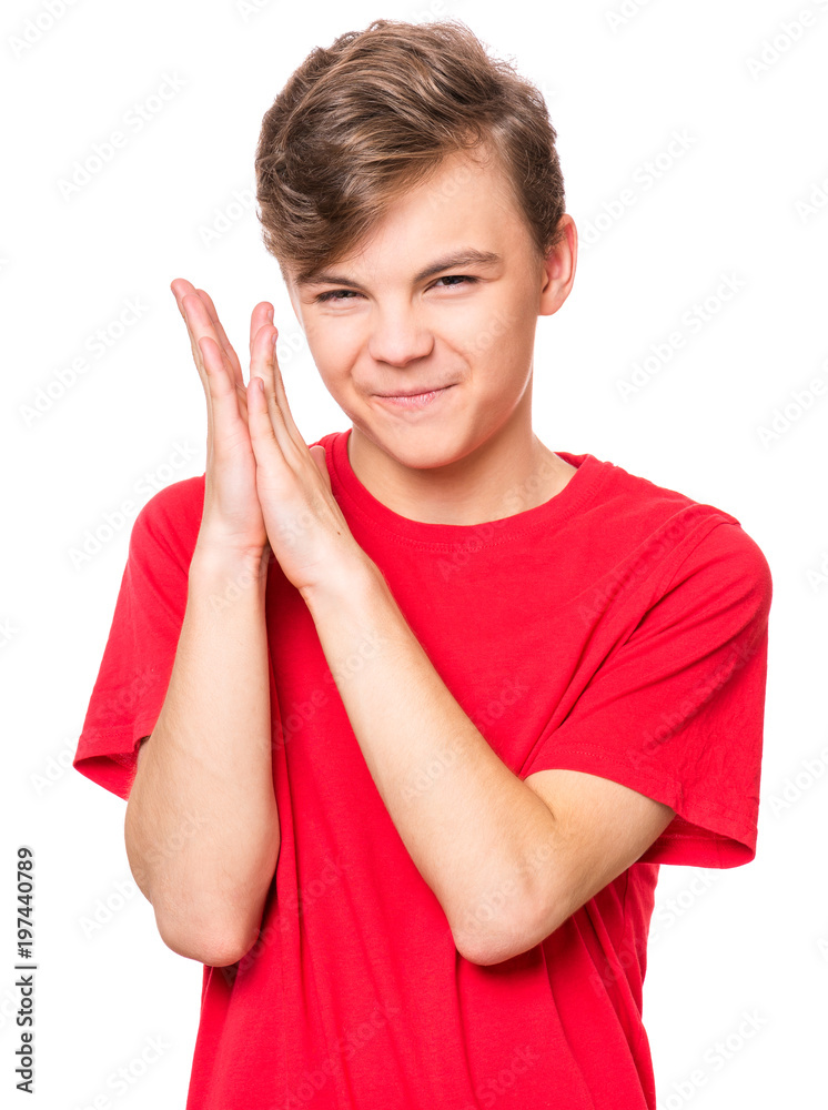 Emotional portrait of caucasian cunning teen boy wearing red t-shirt. Funny child conceived trick, isolated white background. Emotional portrait of caucasian cunning teen boy wearing red t-shirt. Funny child conceived trick, isolated white background.