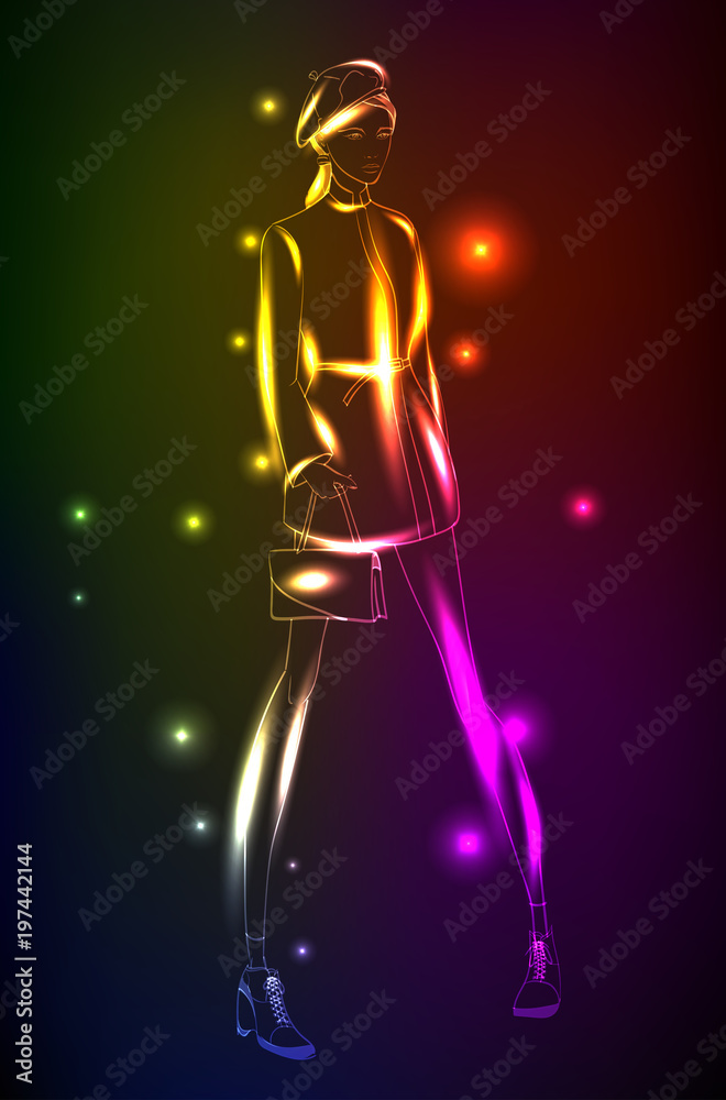 Hand-drawn fashion model from a neon. A light girl's. Fashion illustration. Hand-drawn fashion model from a neon. A light girl's. Fashion illustration.