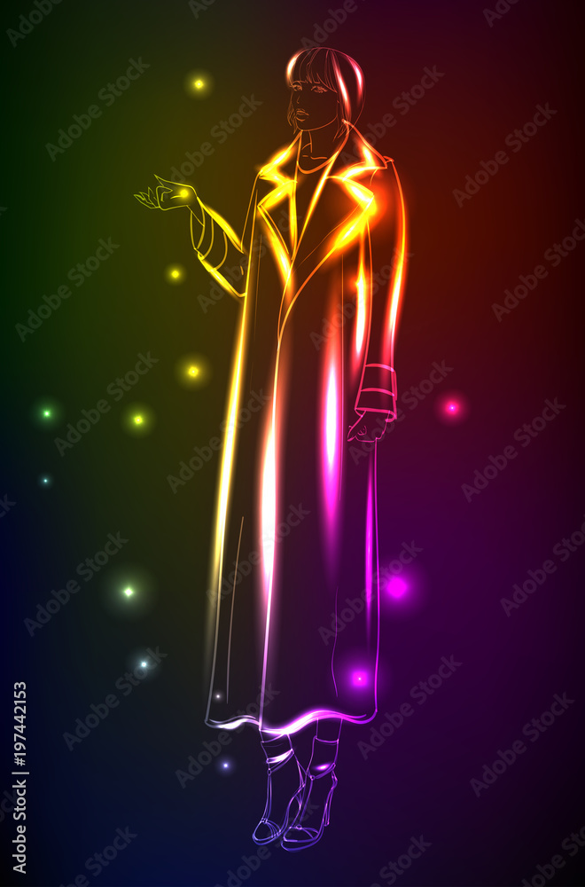 Hand-drawn fashion model from a neon. A light girl's. Fashion illustration.