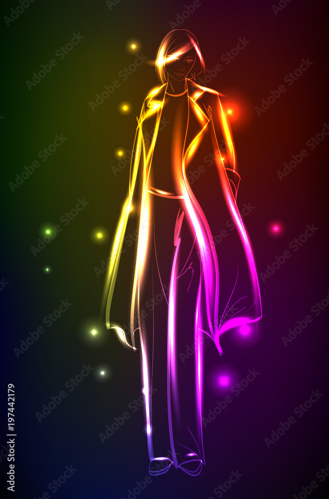 Hand-drawn fashion model from a neon. A light girl's. Fashion illustration. Hand-drawn fashion model from a neon. A light girl's. Fashion illustration.