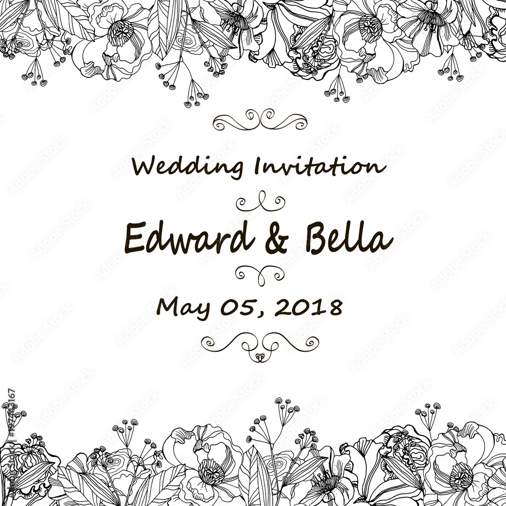 Vintage wedding invitation. Hand drawn vector meadow flowers and roses. Black and white illustration.